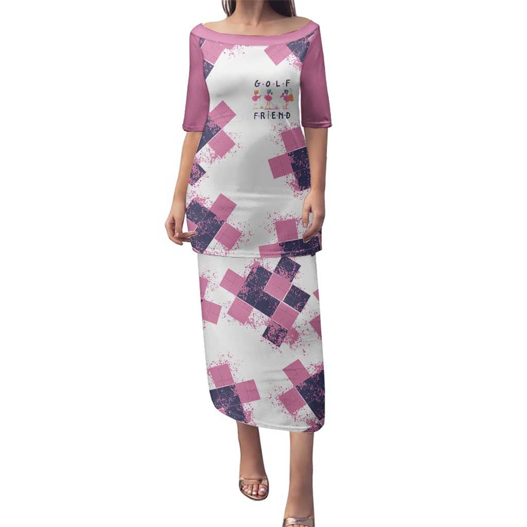 Golf Flamingo Friends Family Matching Puletasi and Hawaiian Shirt Pink Argyle Pattern and Custom Name Text on White and Rose Color Block - Wonder Print Shop