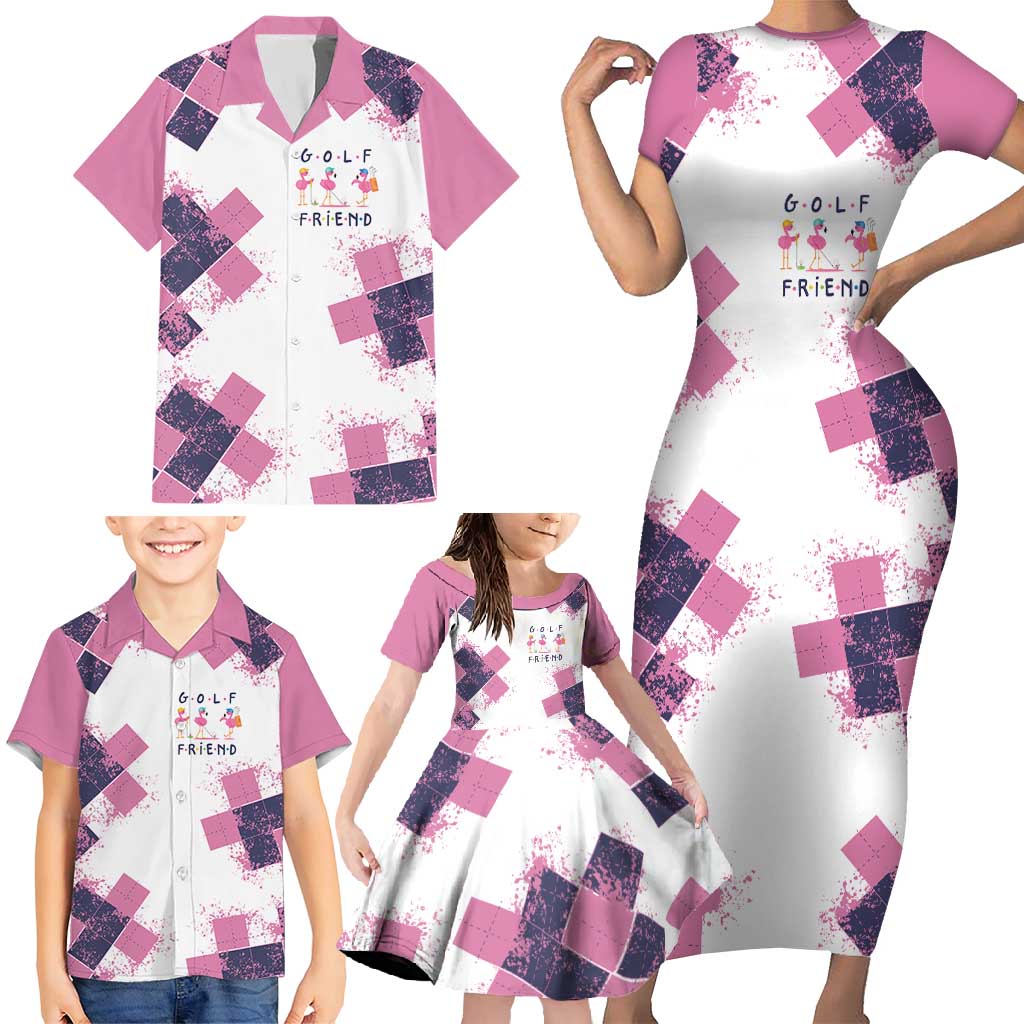 Golf Flamingo Friends Family Matching Short Sleeve Bodycon Dress and Hawaiian Shirt Pink Argyle Pattern and Custom Name Text on White and Rose Color Block - Wonder Print Shop