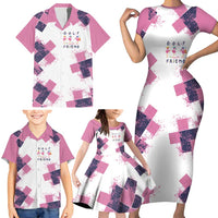 Golf Flamingo Friends Family Matching Short Sleeve Bodycon Dress and Hawaiian Shirt Pink Argyle Pattern and Custom Name Text on White and Rose Color Block - Wonder Print Shop