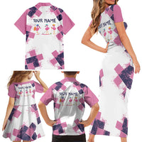 Golf Flamingo Friends Family Matching Short Sleeve Bodycon Dress and Hawaiian Shirt Pink Argyle Pattern and Custom Name Text on White and Rose Color Block - Wonder Print Shop