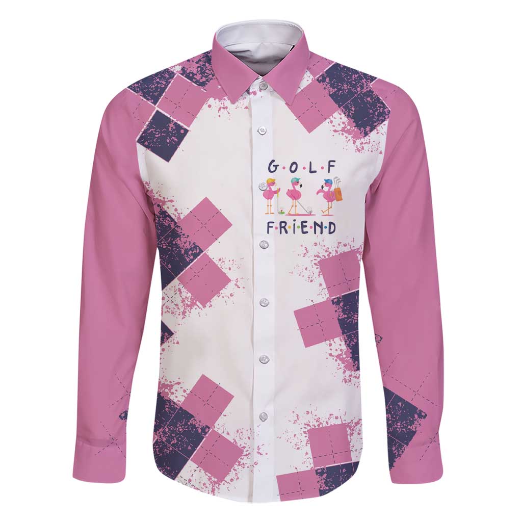 Golf Flamingo Friends Family Matching Short Sleeve Bodycon Dress and Hawaiian Shirt Pink Argyle Pattern and Custom Name Text on White and Rose Color Block - Wonder Print Shop