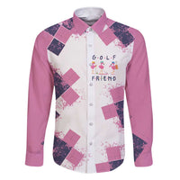 Golf Flamingo Friends Family Matching Short Sleeve Bodycon Dress and Hawaiian Shirt Pink Argyle Pattern and Custom Name Text on White and Rose Color Block - Wonder Print Shop