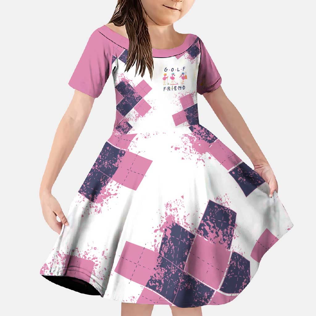 Golf Flamingo Friends Family Matching Summer Maxi Dress and Hawaiian Shirt Pink Argyle Pattern and Custom Name Text on White and Rose Color Block - Wonder Print Shop