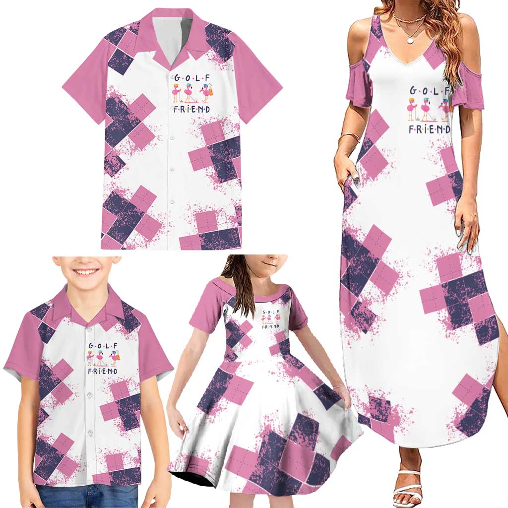 Golf Flamingo Friends Family Matching Summer Maxi Dress and Hawaiian Shirt Pink Argyle Pattern and Custom Name Text on White and Rose Color Block - Wonder Print Shop