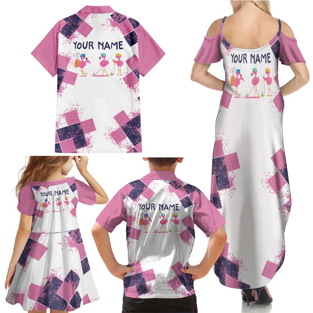 Golf Flamingo Friends Family Matching Summer Maxi Dress and Hawaiian Shirt Pink Argyle Pattern and Custom Name Text on White and Rose Color Block - Wonder Print Shop