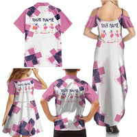 Golf Flamingo Friends Family Matching Summer Maxi Dress and Hawaiian Shirt Pink Argyle Pattern and Custom Name Text on White and Rose Color Block - Wonder Print Shop
