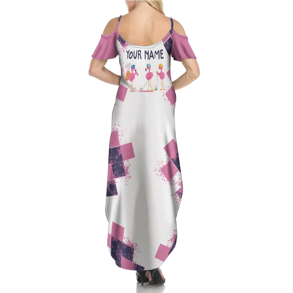 Golf Flamingo Friends Family Matching Summer Maxi Dress and Hawaiian Shirt Pink Argyle Pattern and Custom Name Text on White and Rose Color Block - Wonder Print Shop