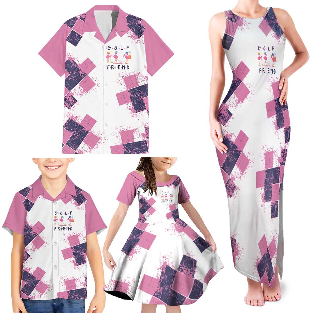 Golf Flamingo Friends Family Matching Tank Maxi Dress and Hawaiian Shirt Pink Argyle Pattern and Custom Name Text on White and Rose Color Block - Wonder Print Shop