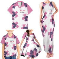 Golf Flamingo Friends Family Matching Tank Maxi Dress and Hawaiian Shirt Pink Argyle Pattern and Custom Name Text on White and Rose Color Block - Wonder Print Shop