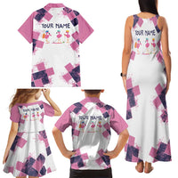 Golf Flamingo Friends Family Matching Tank Maxi Dress and Hawaiian Shirt Pink Argyle Pattern and Custom Name Text on White and Rose Color Block - Wonder Print Shop