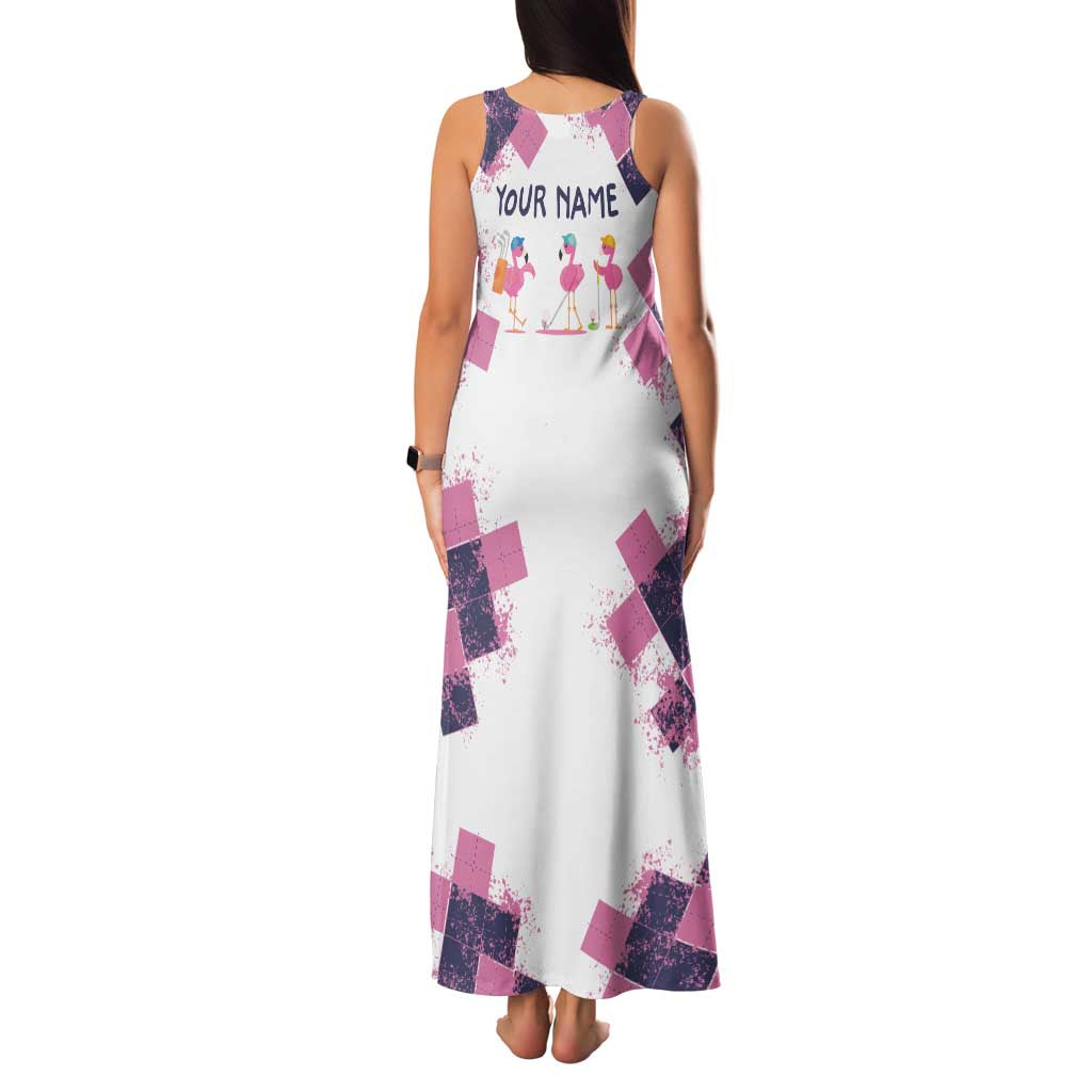 Golf Flamingo Friends Family Matching Tank Maxi Dress and Hawaiian Shirt Pink Argyle Pattern and Custom Name Text on White and Rose Color Block - Wonder Print Shop