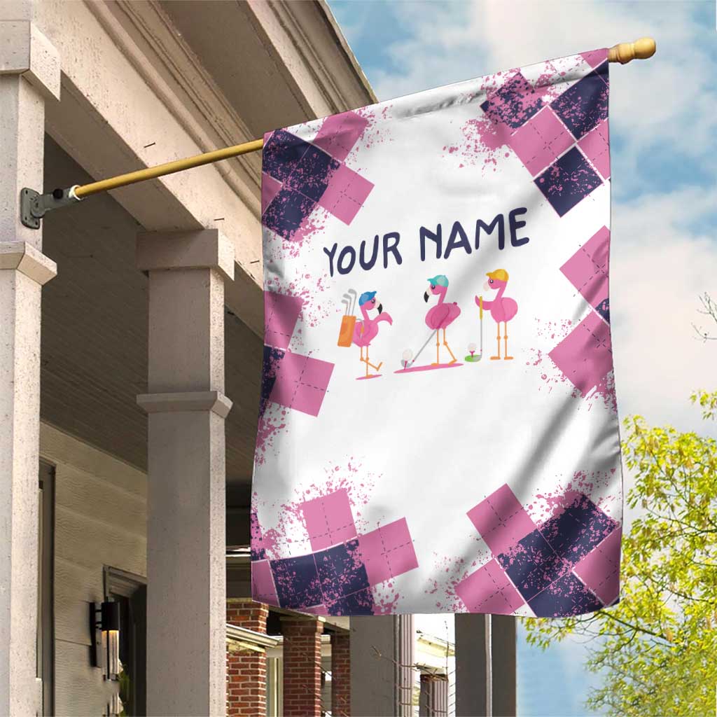 Golf Flamingo Friends Garden Flag Pink Argyle Pattern and Custom Name Text on White and Rose Color Block - Wonder Print Shop