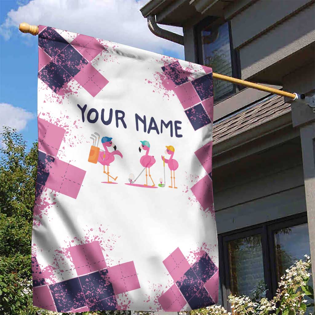 Golf Flamingo Friends Garden Flag Pink Argyle Pattern and Custom Name Text on White and Rose Color Block - Wonder Print Shop