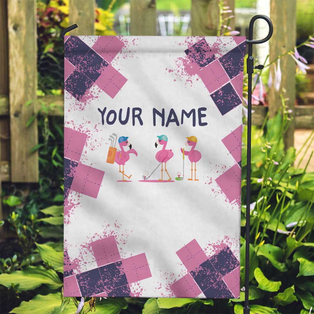 Golf Flamingo Friends Garden Flag Pink Argyle Pattern and Custom Name Text on White and Rose Color Block - Wonder Print Shop