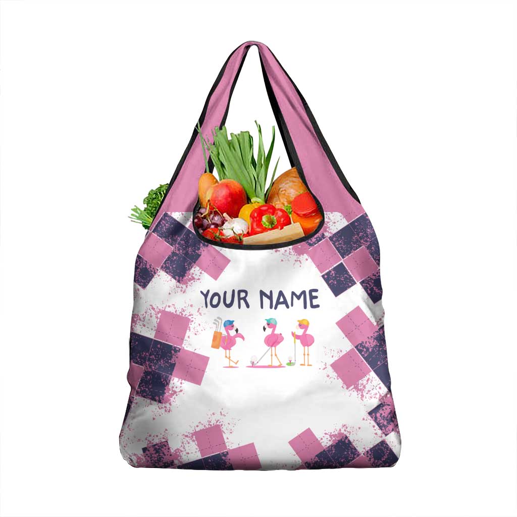 Golf Flamingo Friends Grocery Bag Pink Argyle Pattern and Custom Name Text on White and Rose Color Block - Wonder Print Shop