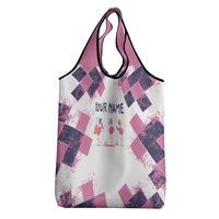 Golf Flamingo Friends Grocery Bag Pink Argyle Pattern and Custom Name Text on White and Rose Color Block - Wonder Print Shop