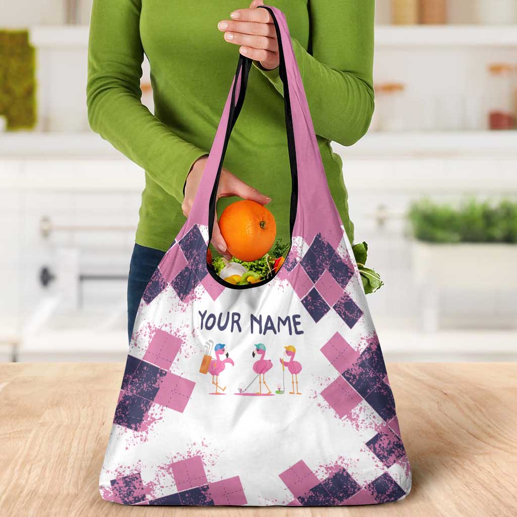 Golf Flamingo Friends Grocery Bag Pink Argyle Pattern and Custom Name Text on White and Rose Color Block - Wonder Print Shop