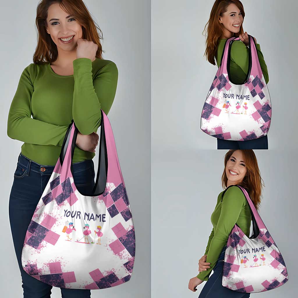 Golf Flamingo Friends Grocery Bag Pink Argyle Pattern and Custom Name Text on White and Rose Color Block - Wonder Print Shop