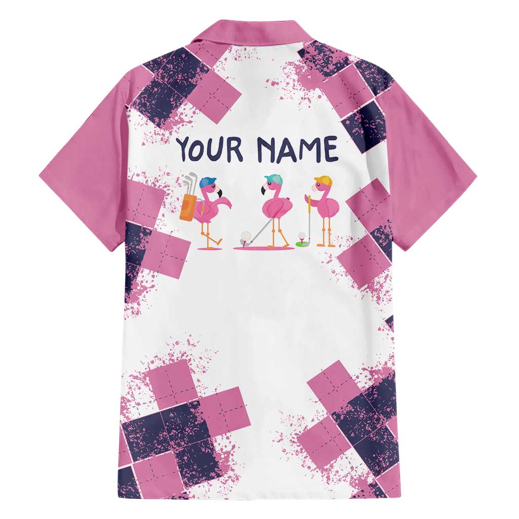 Golf Flamingo Friends Hawaiian Shirt Pink Argyle Pattern and Custom Name Text on White and Rose Color Block - Wonder Print Shop
