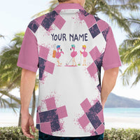 Golf Flamingo Friends Hawaiian Shirt Pink Argyle Pattern and Custom Name Text on White and Rose Color Block - Wonder Print Shop