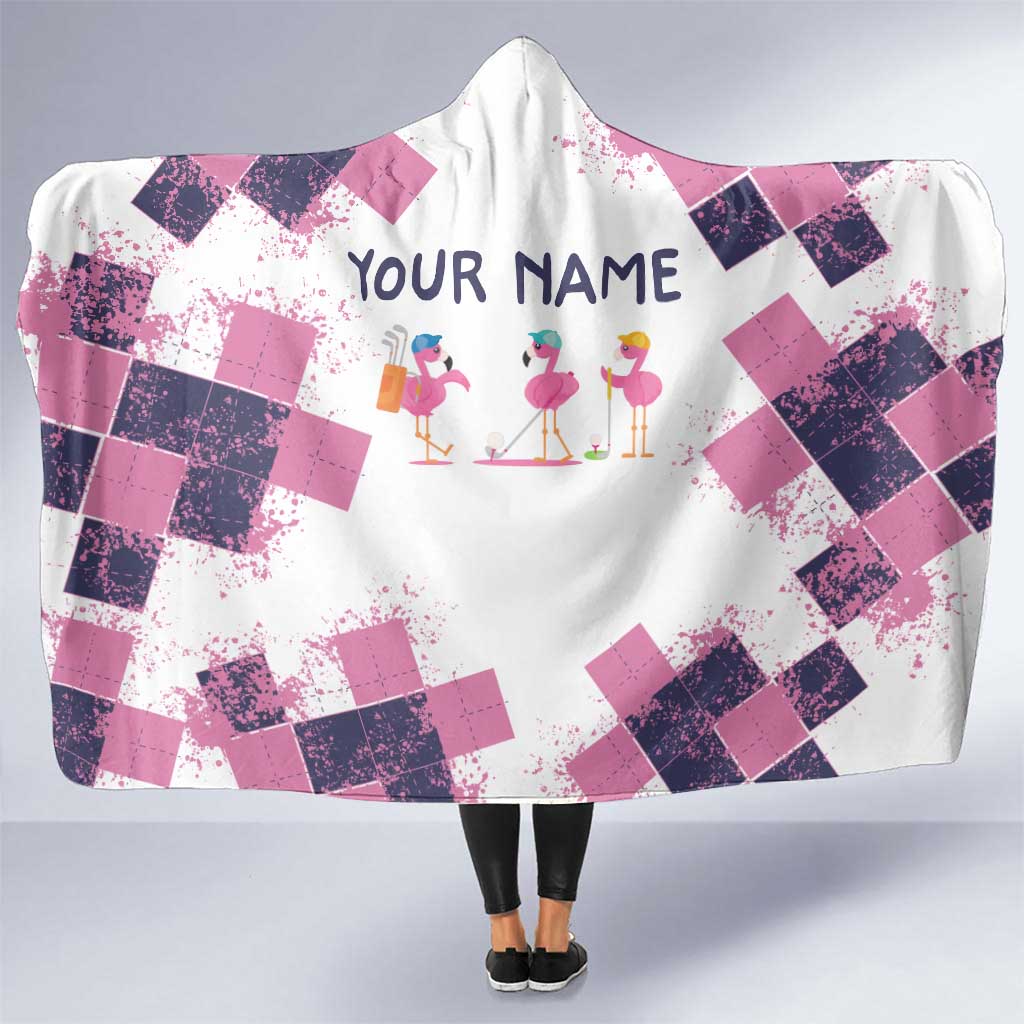 Golf Flamingo Friends Hooded Blanket Pink Argyle Pattern and Custom Name Text on White and Rose Color Block - Wonder Print Shop