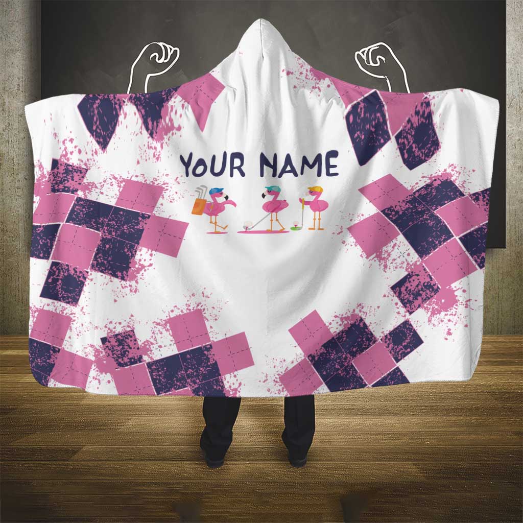 Golf Flamingo Friends Hooded Blanket Pink Argyle Pattern and Custom Name Text on White and Rose Color Block - Wonder Print Shop