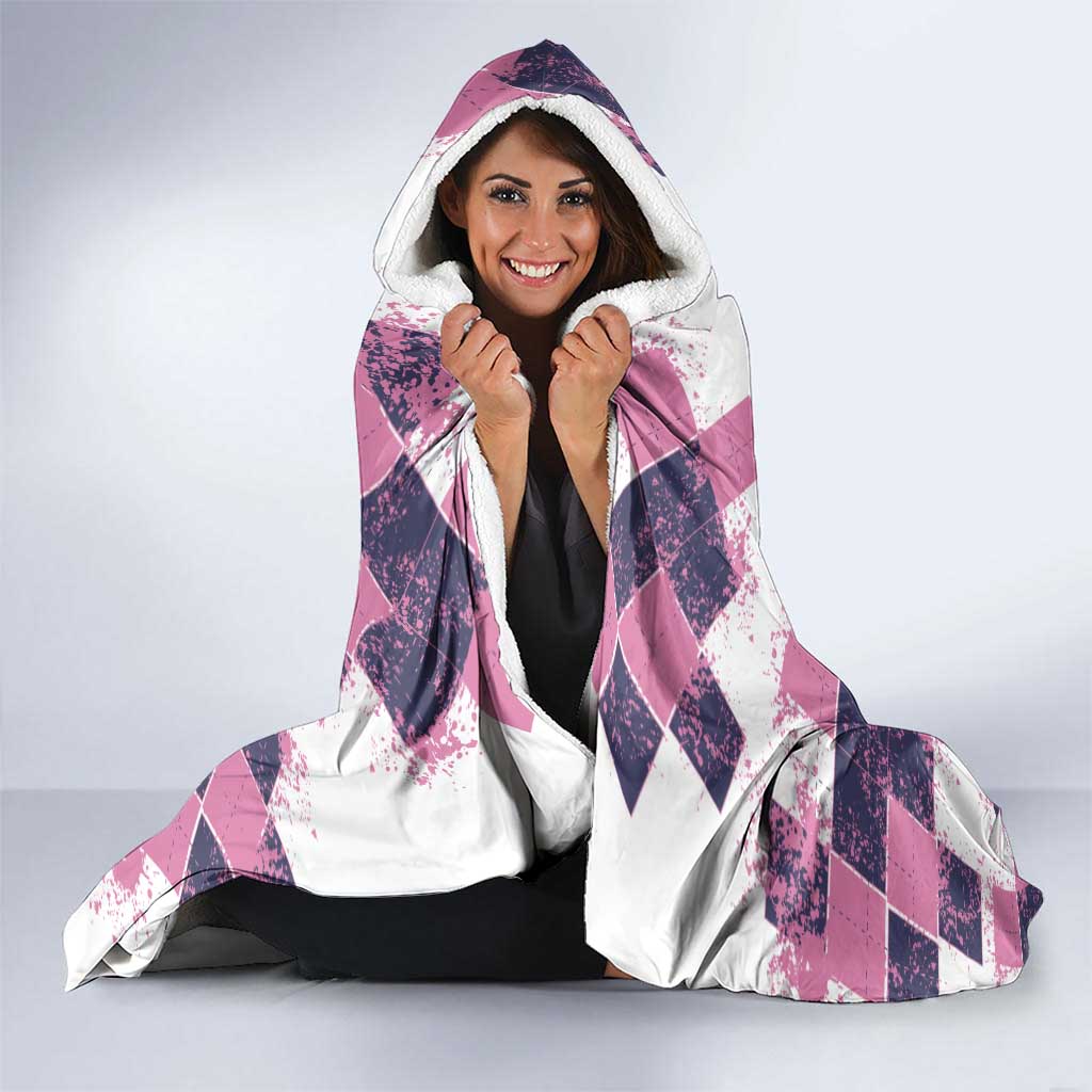 Golf Flamingo Friends Hooded Blanket Pink Argyle Pattern and Custom Name Text on White and Rose Color Block - Wonder Print Shop