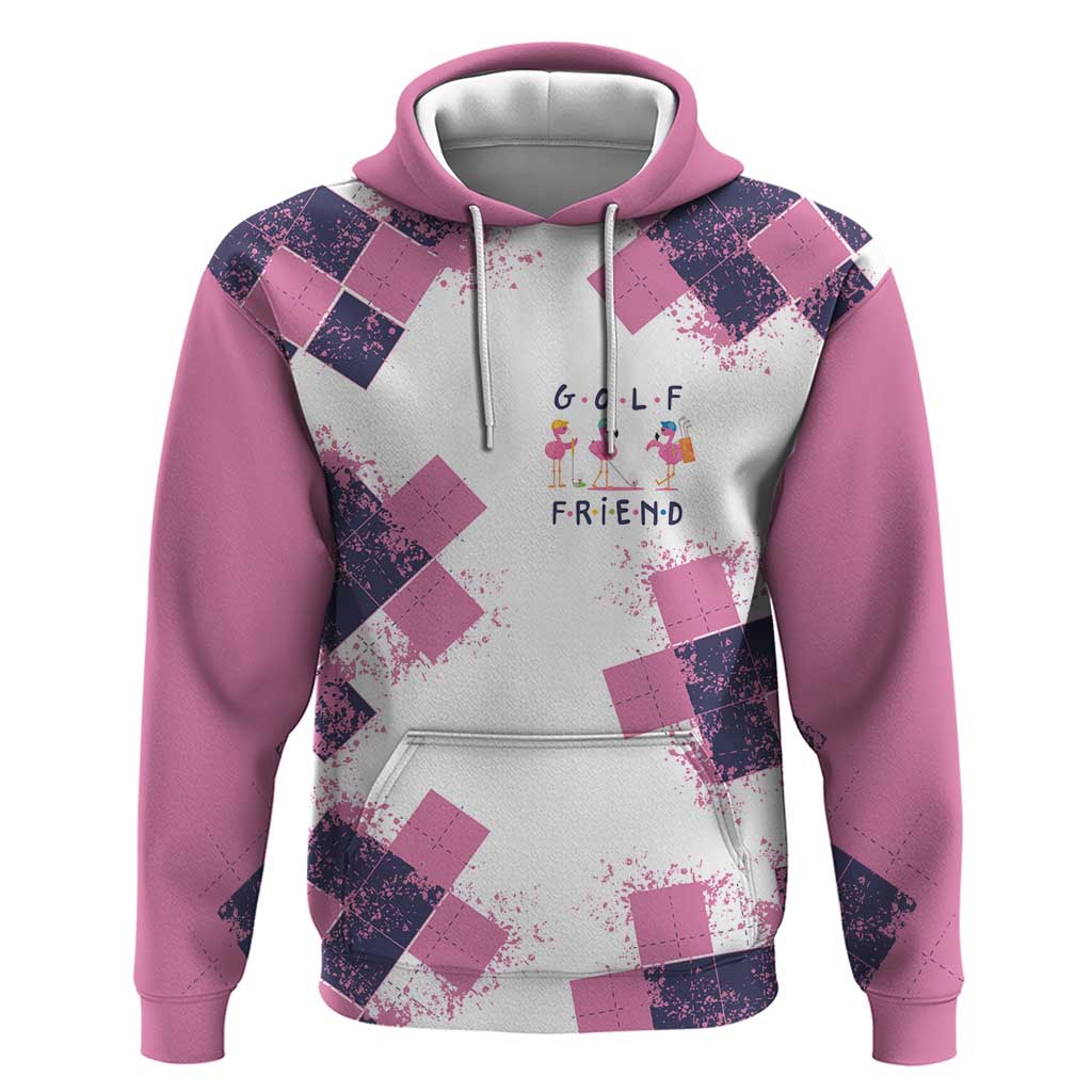 Golf Flamingo Friends Hoodie Pink Argyle Pattern and Custom Name Text on White and Rose Color Block - Wonder Print Shop
