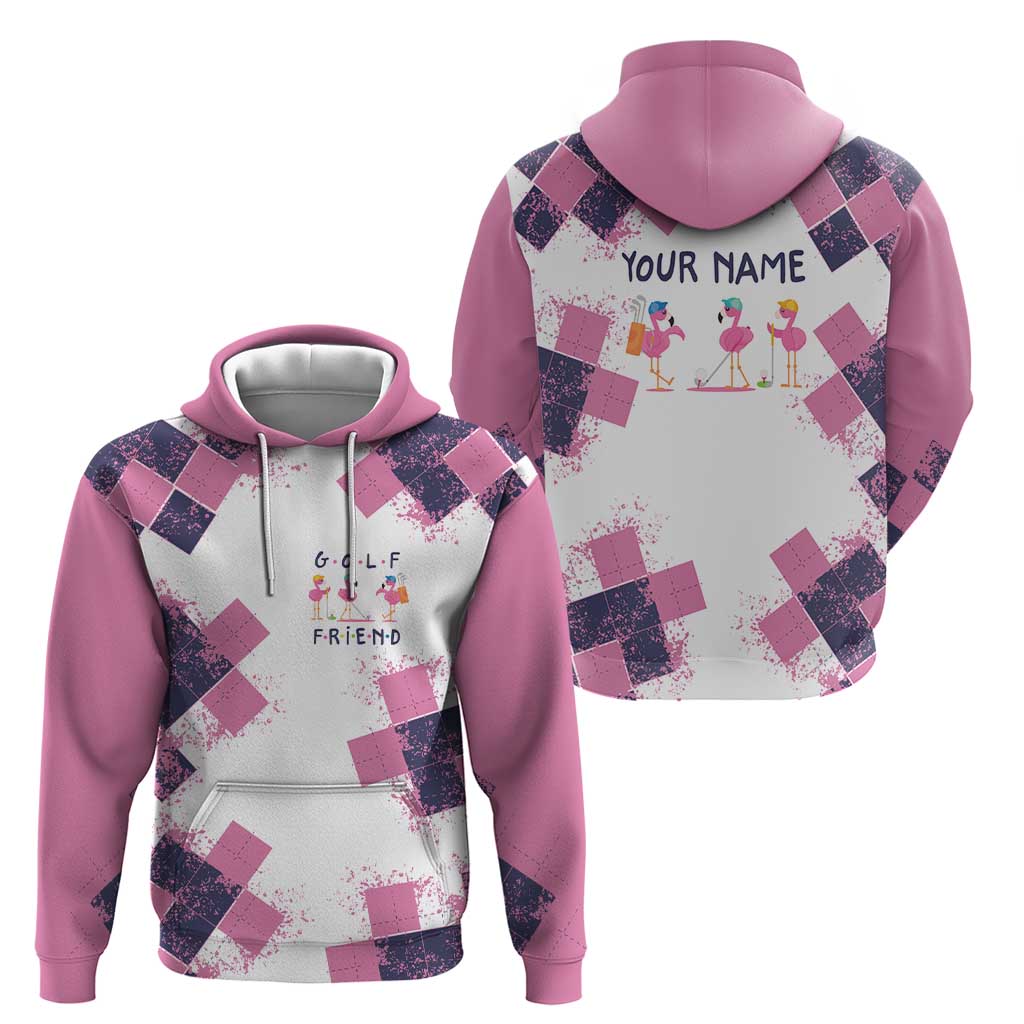 Golf Flamingo Friends Hoodie Pink Argyle Pattern and Custom Name Text on White and Rose Color Block - Wonder Print Shop
