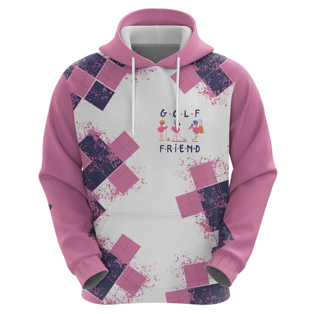 Golf Flamingo Friends Hoodie Pink Argyle Pattern and Custom Name Text on White and Rose Color Block - Wonder Print Shop