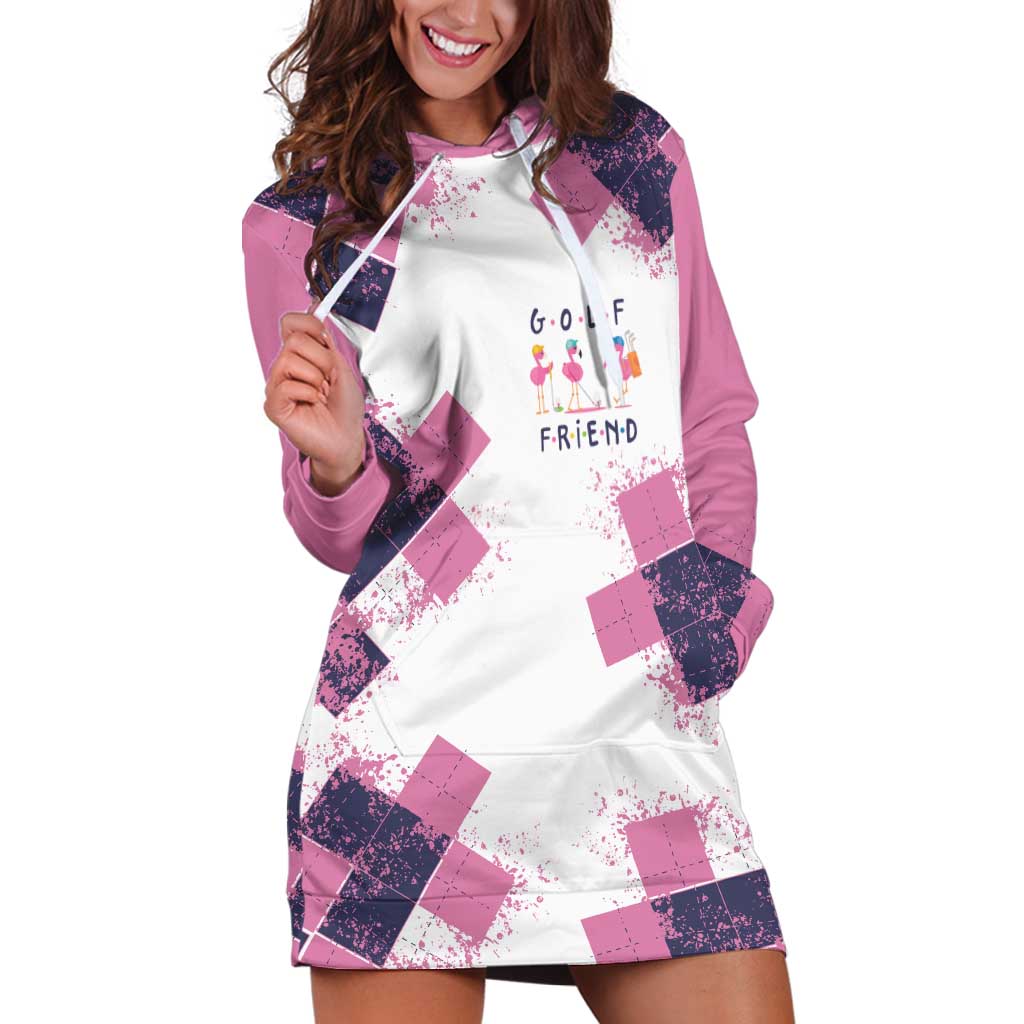 Golf Flamingo Friends Hoodie Dress Pink Argyle Pattern and Custom Name Text on White and Rose Color Block - Wonder Print Shop