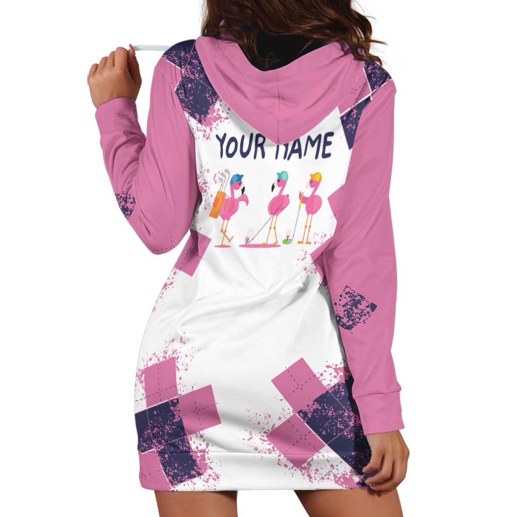 Golf Flamingo Friends Hoodie Dress Pink Argyle Pattern and Custom Name Text on White and Rose Color Block - Wonder Print Shop