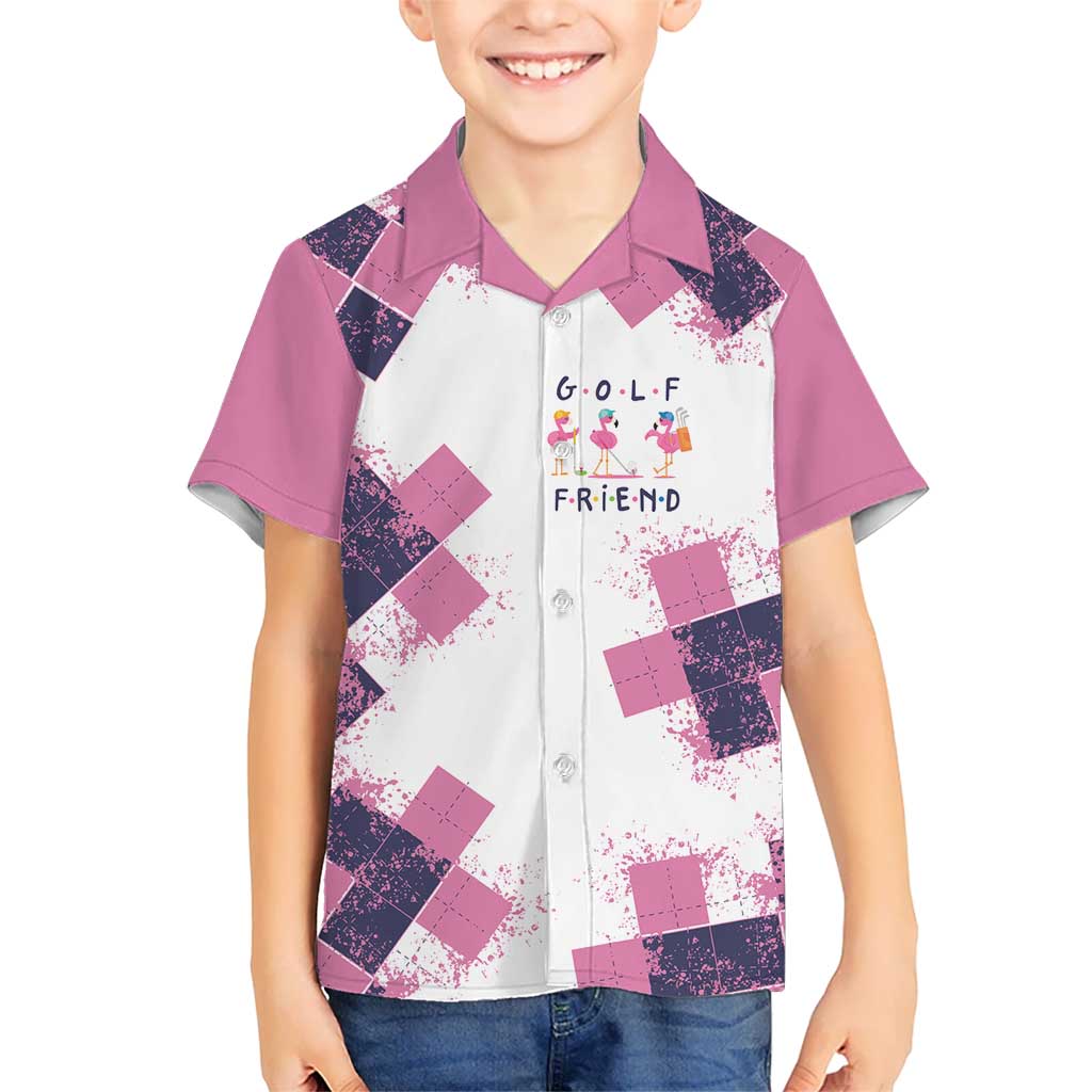 Golf Flamingo Friends Kid Hawaiian Shirt Pink Argyle Pattern and Custom Name Text on White and Rose Color Block - Wonder Print Shop