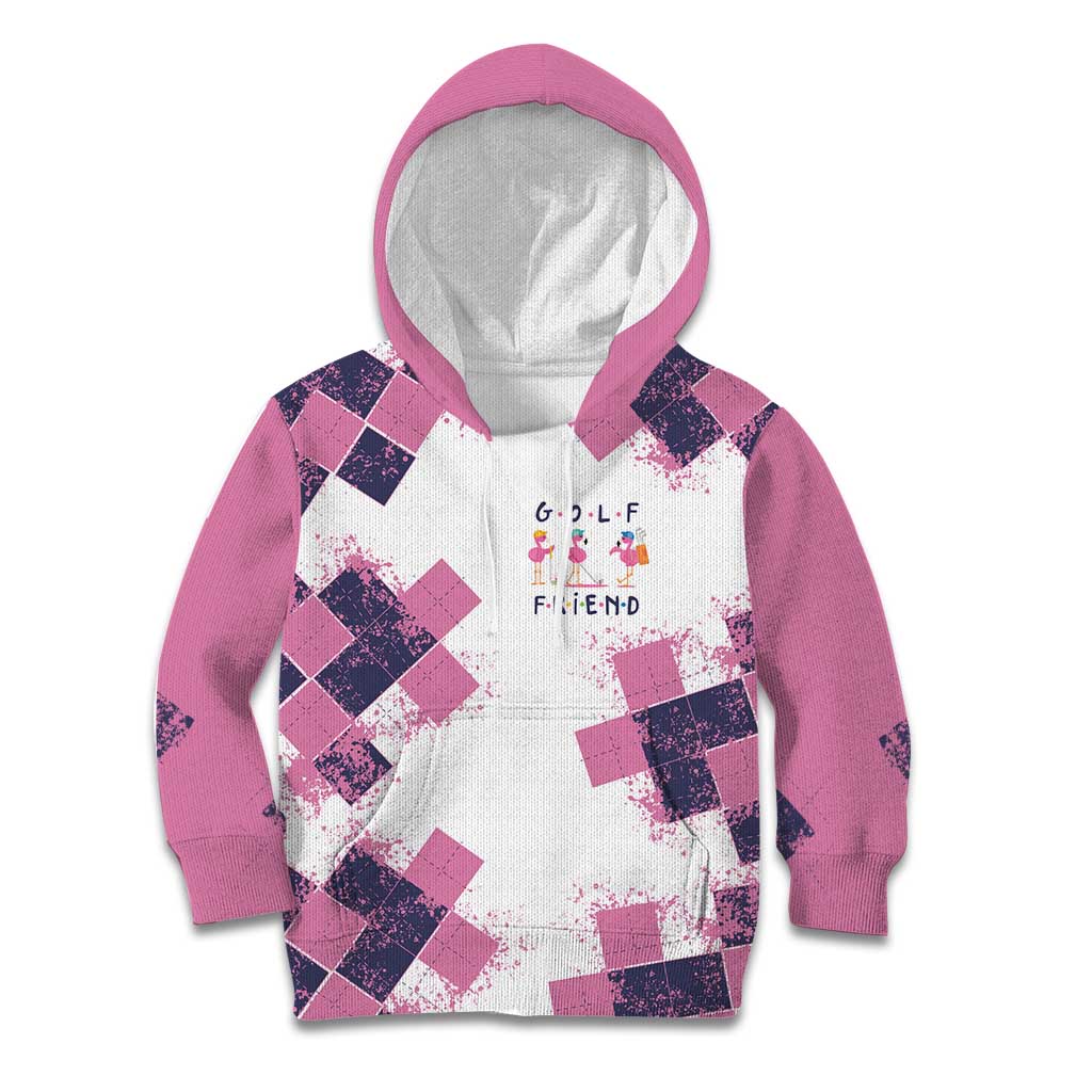 Golf Flamingo Friends Kid Hoodie Pink Argyle Pattern and Custom Name Text on White and Rose Color Block - Wonder Print Shop