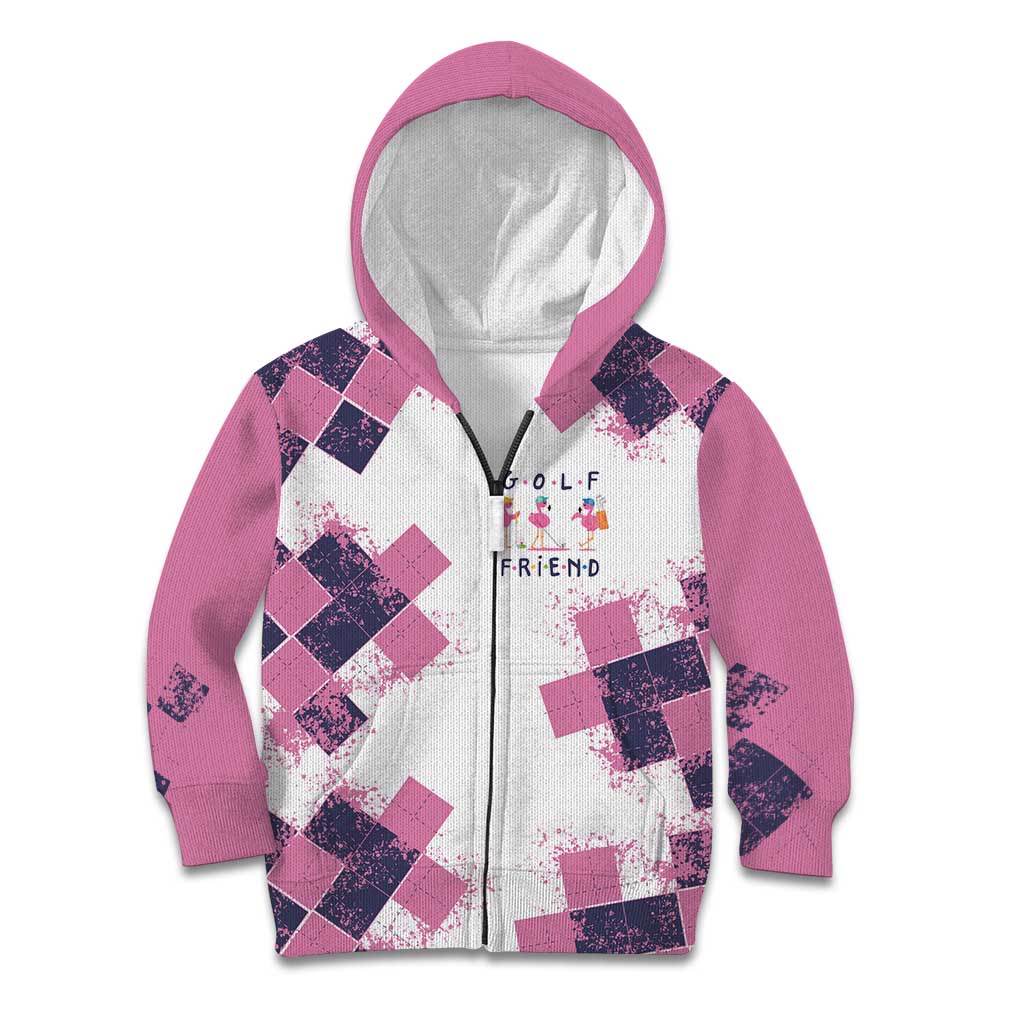 Golf Flamingo Friends Kid Hoodie Pink Argyle Pattern and Custom Name Text on White and Rose Color Block - Wonder Print Shop