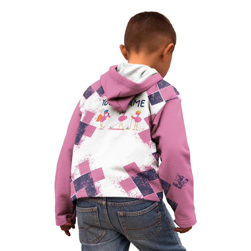 Golf Flamingo Friends Kid Hoodie Pink Argyle Pattern and Custom Name Text on White and Rose Color Block - Wonder Print Shop