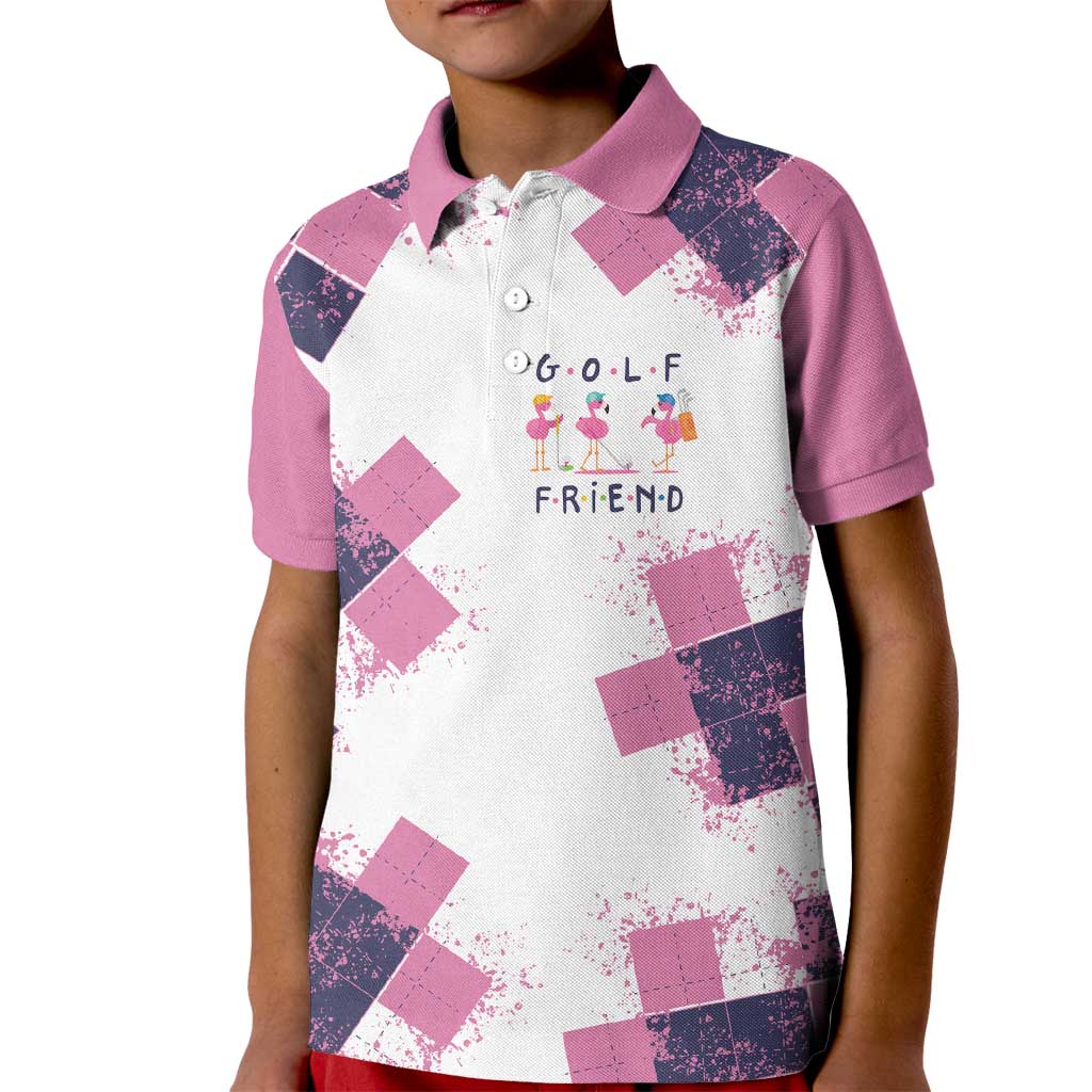 Golf Flamingo Friends Kid Polo Shirt Pink Argyle Pattern and Custom Name Text on White and Rose Color Block - Wonder Print Shop