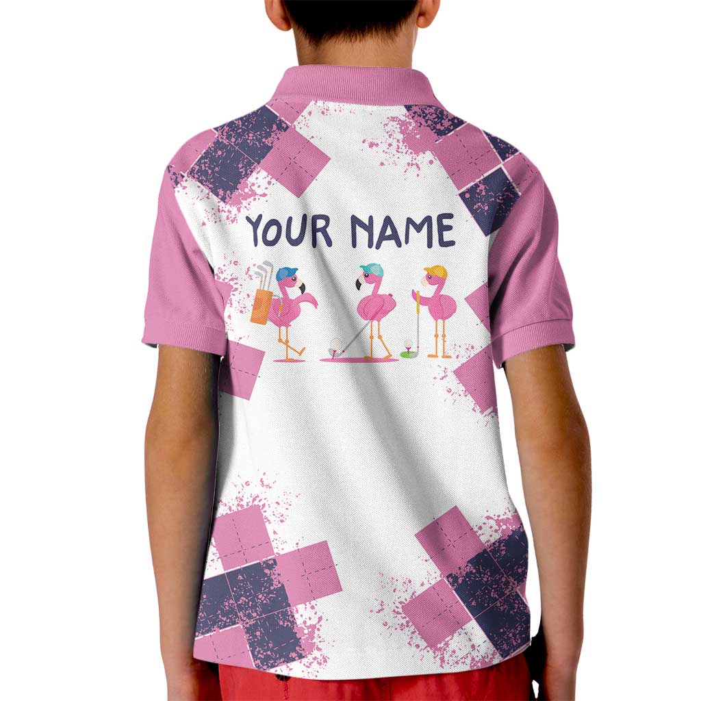 Golf Flamingo Friends Kid Polo Shirt Pink Argyle Pattern and Custom Name Text on White and Rose Color Block - Wonder Print Shop