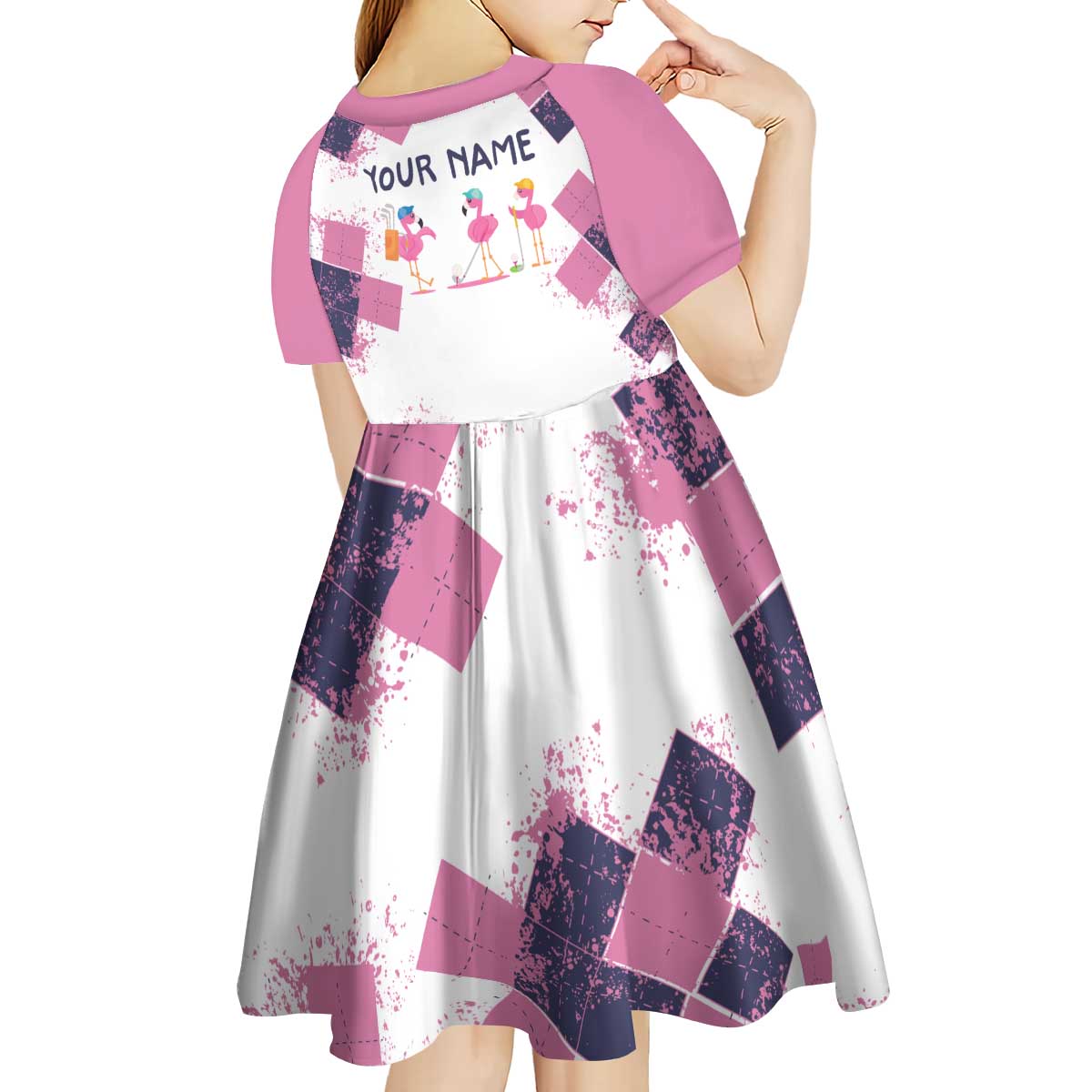 Golf Flamingo Friends Kid Short Sleeve Dress Pink Argyle Pattern and Custom Name Text on White and Rose Color Block - Wonder Print Shop