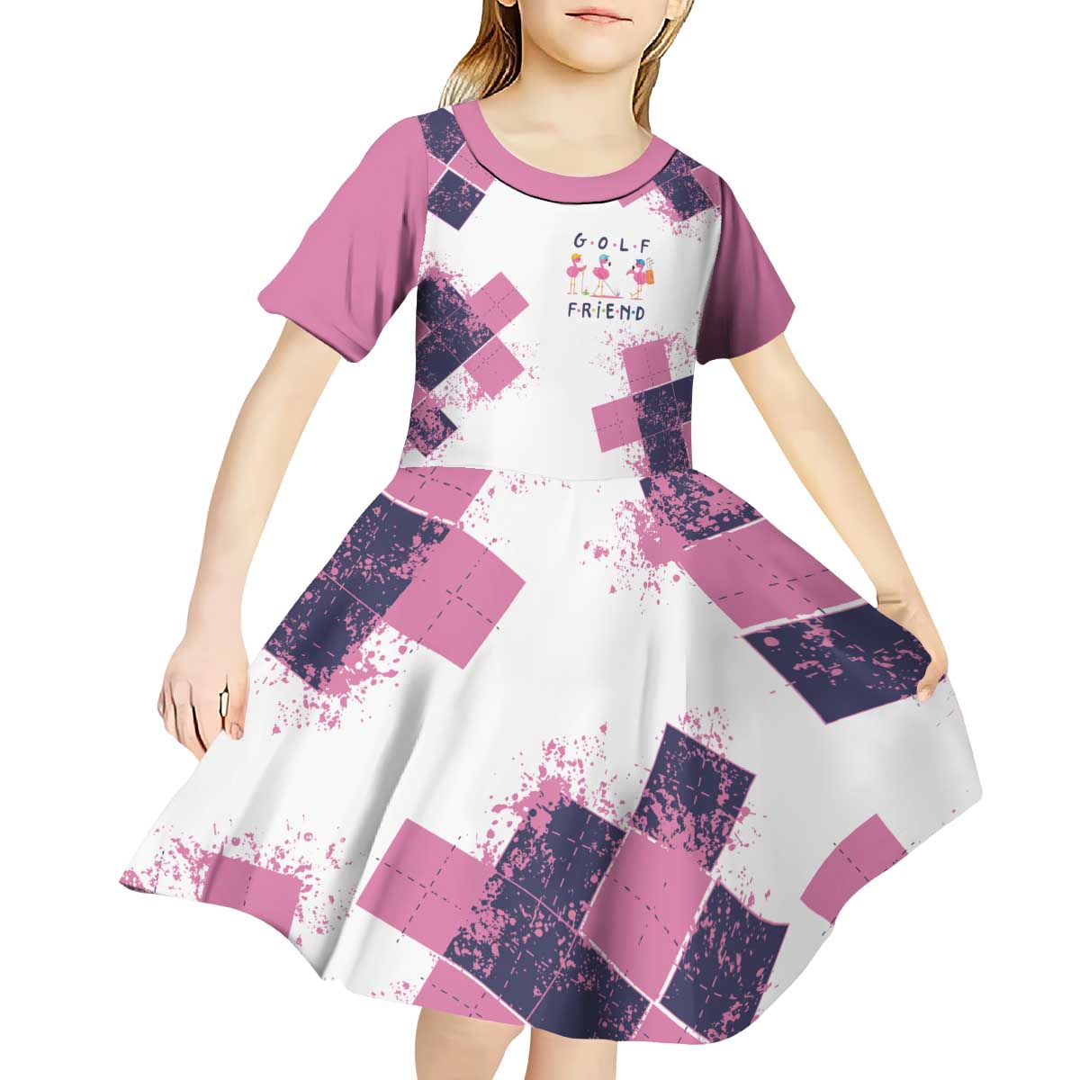 Golf Flamingo Friends Kid Short Sleeve Dress Pink Argyle Pattern and Custom Name Text on White and Rose Color Block - Wonder Print Shop