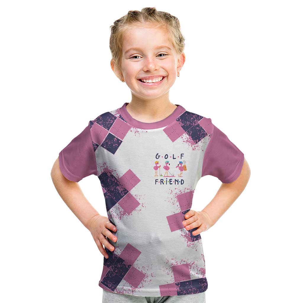 Golf Flamingo Friends Kid T Shirt Pink Argyle Pattern and Custom Name Text on White and Rose Color Block - Wonder Print Shop