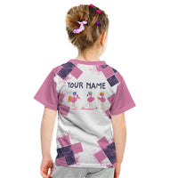 Golf Flamingo Friends Kid T Shirt Pink Argyle Pattern and Custom Name Text on White and Rose Color Block - Wonder Print Shop