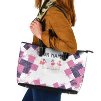 Golf Flamingo Friends Leather Tote Bag Pink Argyle Pattern and Custom Name Text on White and Rose Color Block - Wonder Print Shop