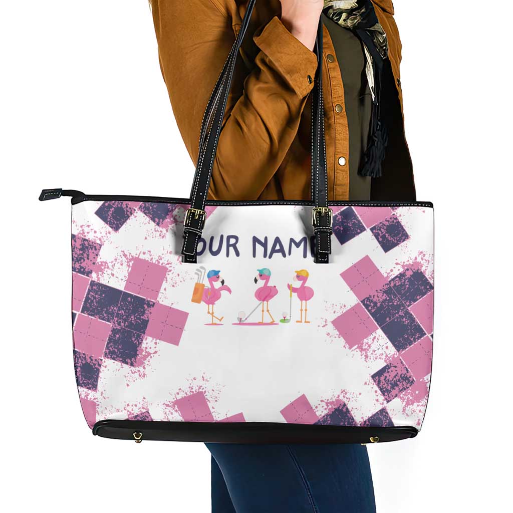 Golf Flamingo Friends Leather Tote Bag Pink Argyle Pattern and Custom Name Text on White and Rose Color Block - Wonder Print Shop