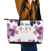 Golf Flamingo Friends Leather Tote Bag Pink Argyle Pattern and Custom Name Text on White and Rose Color Block - Wonder Print Shop