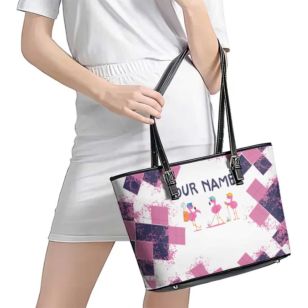 Golf Flamingo Friends Leather Tote Bag Pink Argyle Pattern and Custom Name Text on White and Rose Color Block - Wonder Print Shop