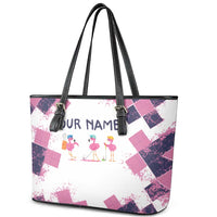 Golf Flamingo Friends Leather Tote Bag Pink Argyle Pattern and Custom Name Text on White and Rose Color Block - Wonder Print Shop