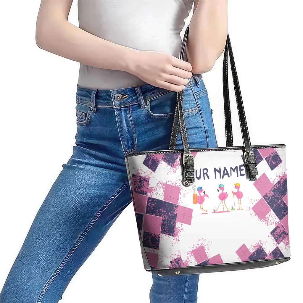 Golf Flamingo Friends Leather Tote Bag Pink Argyle Pattern and Custom Name Text on White and Rose Color Block - Wonder Print Shop