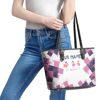 Golf Flamingo Friends Leather Tote Bag Pink Argyle Pattern and Custom Name Text on White and Rose Color Block - Wonder Print Shop