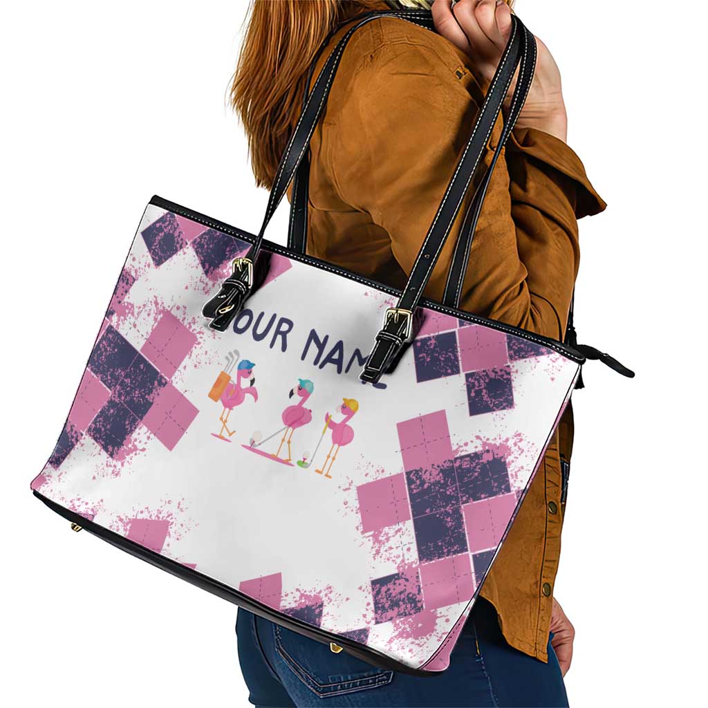 Golf Flamingo Friends Leather Tote Bag Pink Argyle Pattern and Custom Name Text on White and Rose Color Block - Wonder Print Shop